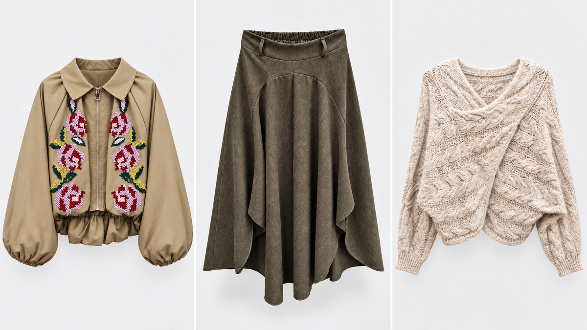 Nueva colección Bambola: chaqueta bordada, falda verde y jersey de punto, de izquierda a derecha.
