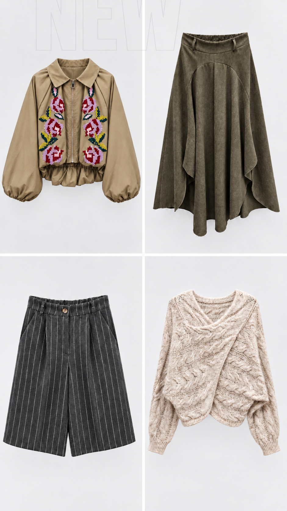 Nueva colección Bambola: chaqueta y pantalón arriba; bermuda a la izquierda y jersey a la derecha abajo.